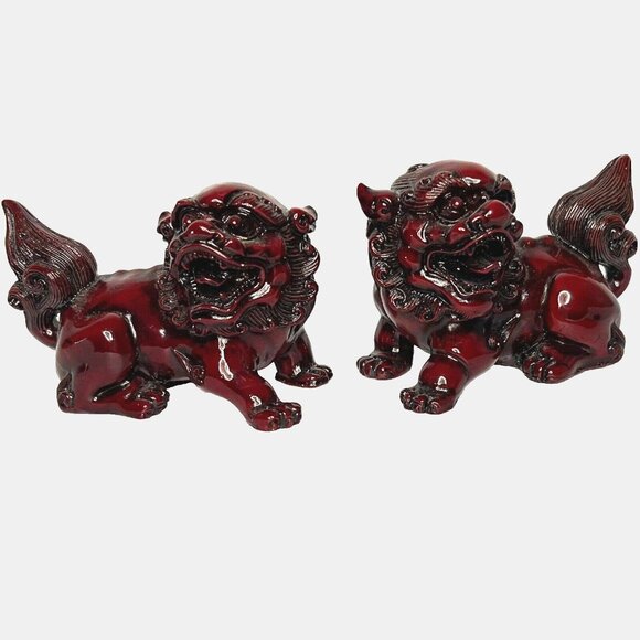 Vintage Foo Dog Pair Red Resin Asian Guardian Lion Figurines 4 in long each - Picture 2 of 16